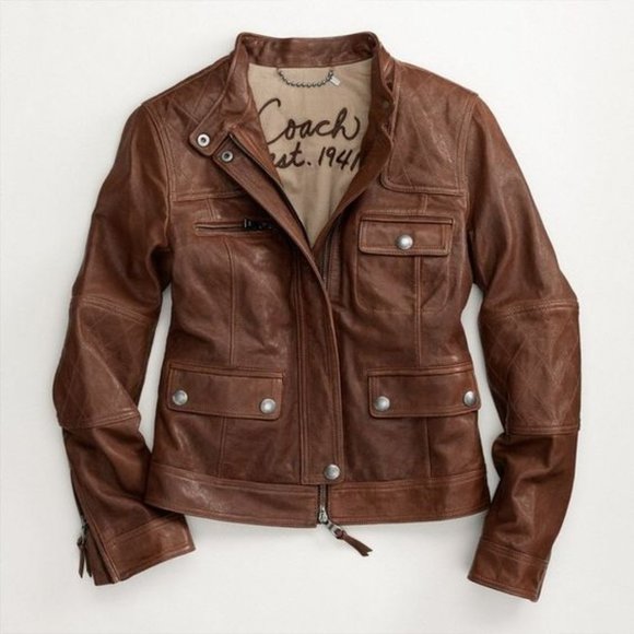 Coach Tan Leather Jacket with Silver Accents - Picture 1 of 5